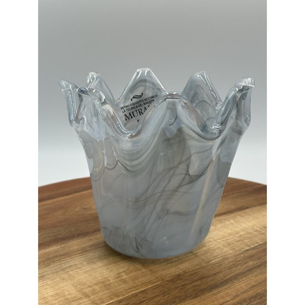 Murano Art Glass Vase Hand Blown Italy Blue Gray Swirl Ruffle Edge Fazzoletto 6”